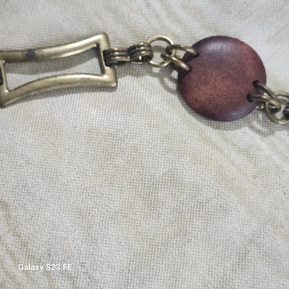 Vtg Y2K Brass Chain Link Hip Belt Womens OS Brown Wood Disc Boho Whimsygoth